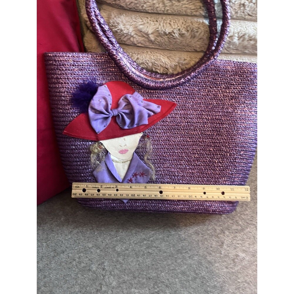 Vintage Y2K Red Hat Lady Straw Wicker Tote Bag Cottagecore Kitchy Handbag Purse - Picture 9 of 10